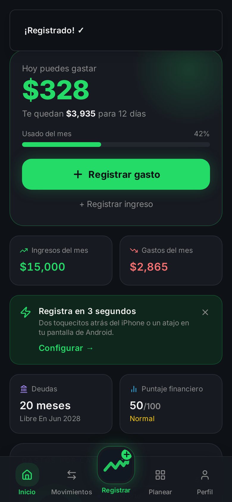 Gasto registrado: Hoy puedes gastar se recalcula a $328