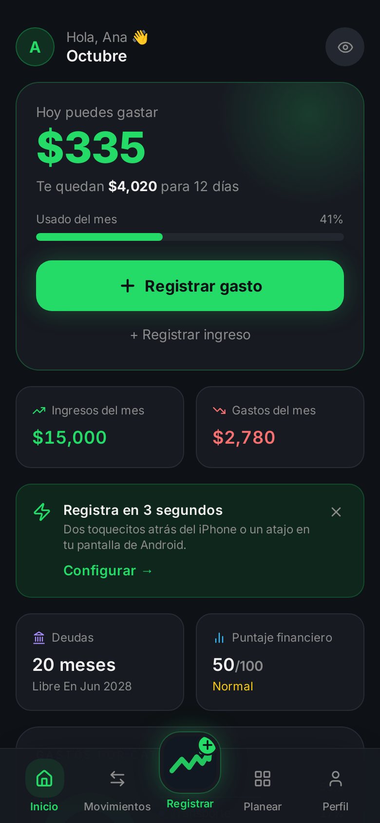 Pantalla de inicio de Ahorra+: Hoy puedes gastar $335