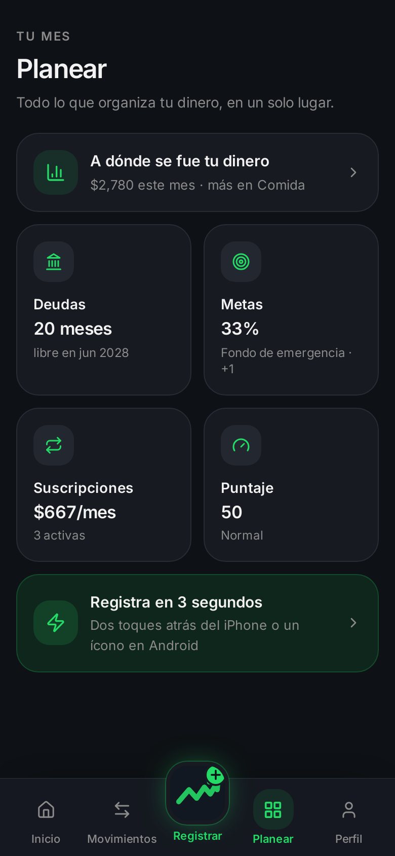 Pantalla Planear de Ahorra+: a dónde se fue tu dinero, deudas, metas y suscripciones