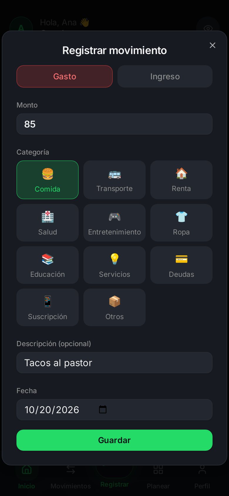 Registrar un gasto en Ahorra+: monto $85, categoría Comida